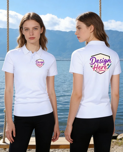 Women's White Cotton Polo Shirt Custom Printed Design <b>Heat</b> Transfer Short Sleeve Casual Breathable Knitted Fabric - Product Image 1