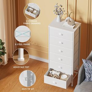 White Tall Dresser with 6 Fabric Drawers Vertical <b>Storage</b> Tower <b>Unit</b> and End Table for Bedroom for <b>Clothes</b> Organisation - Product Image 5