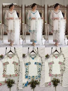 ชุดสูทพร้อมส่งแบบปักดิ้นลายขอบผ้าแบบ Plazzo-Cut ผ้า Faux Georgette ดีไซน์เนอร์ พร้อมผ้าคลุมไหล่ ชุดสำเร็จรูปจากซัพพลายเออร์อินเดีย แฟชั่นสำหรับผู้หญิง - Product Image 4