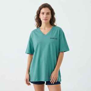 Camiseta de Manga Corta con Cuello en V para Mujer, Color Verde Azulado, Corte Holgado, 100% Algodón, Estilo Casual, con Logotipo, para Primavera/Verano - Product Image 1