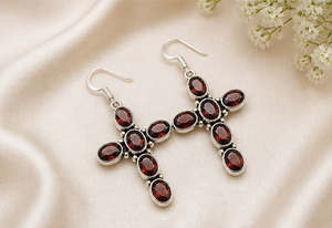 Natural Red Garnet Cross <b>Earrings</b> 925 <b>Sterling</b> <b>Silver</b> Handmade <b>Dangle</b> <b>Earrings</b> Vintage Gemstone Jewelry for Women - Product Image 2