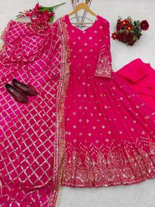 Traje Anarkali Rosa Bordado, Vestido Largo Hasta el Suelo con Mangas Largas y Dupatta, Atuendo Tradicional Indio Pakistaní para Bodas, para Mujer - Product Image 6