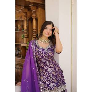 Party Wear <b>Top</b>-Bottom and Dupatta Set <b>Sequins</b> & Zari Embroidered Work Size XL - Product Image 4