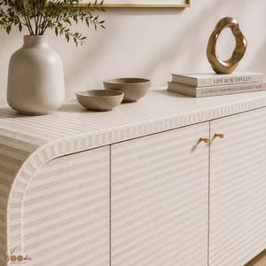 Modern Metal Rattan <b>Sideboard</b> with Brass Handles and Grey Stripe Pattern 4 ft <b>Storage</b> for Living Room Furniture - Product Image 3
