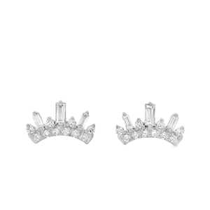 Pendientes de Oro Sólido de 14K con Mini Tiara y Diamantes Cultivados en Laboratorio, Corte Baguette y Redondo, Diseño Minimalista de Corona, Joyería Fina, Precio de Fábrica B2B - Product Image 3
