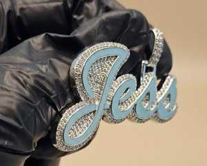 Pendentif double couche en lettres cursives, serti de pierres, en argent 925, bicolore, personnalisable avec nom, initiales, pour femme - Product Image 3