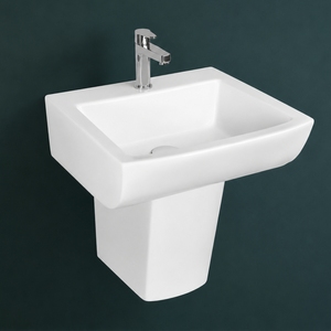 Lavabo Rectangular Semi-Pedestal Lyra Stone con Acabado Cromado, Grifo Monomando de un Solo Orificio, Diseño Minimalista - Product Image 3