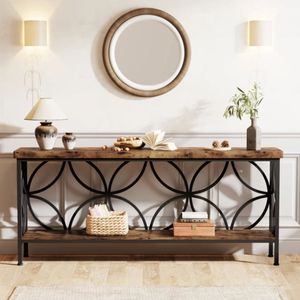 Table console à 2 niveaux en bois d'acacia massif naturel de luxe avec cadre métallique circulaire décoratif pour entrée et salon - Product Image 3