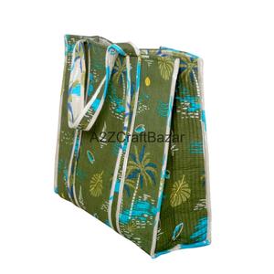 Indian Hand Block Quilted Striped 100% Cotton Large Tote <b>Bag</b> with Long Handle Eco-Friendly & Durable for Party & Daily Use - Product Image 1