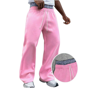 <b>Mens</b> <b>Pink</b> Canvas High Waist Double Waistband Breathable Eco-Friendly Sweatpants Loose Fit Wide Leg Casual Pants Elastic Waist - Product Image 1