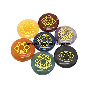 Ensemble de disques gravés 7 chakras en pierres précieuses, personnalisable, boîte en bois étanche, pierres naturelles, vente en gros, cristaux Amayra, décoration intérieure - Product Image 4