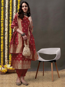 Women <b>Red</b> Traditional <b>Silk</b> Suit With Gold Foil Print Dupatta Regular Fit Floor Length For Diwali India Pakistan Style - Product Image 1