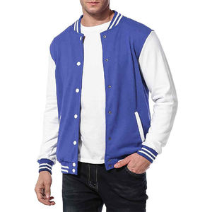 <b>Mens</b> Blue and <b>White</b> Varsity <b>Jacket</b> Contrast Sleeves Stand Collar Cuffs Hem Zipper Front Casual Outerwear Waterproof Knitted - Product Image 4
