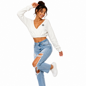 White French terry Women's Cropped Sweatshirt V Neck Drop Shoulder Oversized Long Sleeve Gathered Hem Casual Fashion Custom Logo - Product Image 5