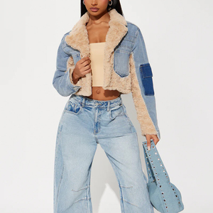 Women's Sherpa <b>Denim</b> <b>Jacket</b> Faux Fur Patchwork <b>Cropped</b> <b>Denim</b> <b>Jacket</b> Winter Warm Custom OEM ODM Fashion Streetwear Coat - Product Image 2