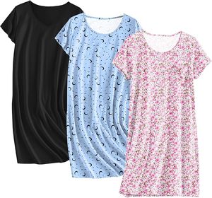 Camisones de Algodón para Mujer, Paquete de 3, Camisetas de Dormir de Manga Corta, Camiseta de Noche, Camisón Estampado, Ropa de Dormir - Product Image 1