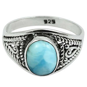 Anillos Clásicos de Plata de Ley 925 con Gema de Larimar de Corte Ovalado en Engaste de Bisel, Estilo Bohemio, Joyería Clásica - Product Image 1