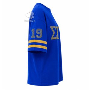 เสื้อยืดชมรมหญิง Sigma Gamma Rho ประดับคริสตัลวิบวับ สีน้ำเงินทอง ตัวอักษรกรีก คอกลม แขนลายทาง ทรงหลวม พิมพ์ลายกราฟิก - Product Image 3
