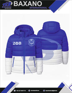 Chaqueta Acolchada de Invierno con Capucha Azul y Blanca de la Hermandad Zeta Phi Beta ZPB, con Logotipo Frontal Personalizado de la Hermandad Griega ZPB - Product Image 6