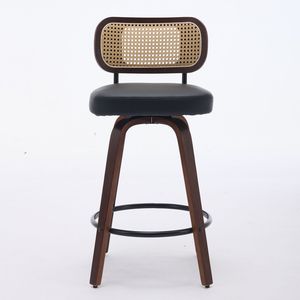 Juego de 3 Taburetes de Barra de 26 Pulgadas de Altura, con Respaldo de Ratán y Asiento Tapizado en Nogal, Hechos a Mano - Product Image 2