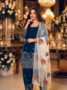 Conjunto de Salwar Kameez Pakistaní Moderno Bordado en Azul Turquesa de Lujo para Mujer, Verano/Invierno, Dupatta de Organza, Diseño para Fiestas - Product Image 2