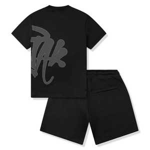 Conjunto de camiseta de manga corta y pantalones cortos de algodón negro para hombre con estampado de letras en la espalda, conjunto informal de verano, transpirable, de punto, de dos piezas. - Product Image 1