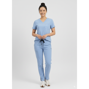 Conjunto de Uniforme Médico Moderno Unisex con Blusa de Cuello en V, Pantalones Jogger Cargo con Bolsillos Laterales, Tela Tejida para Personal Clínico - Product Image 1