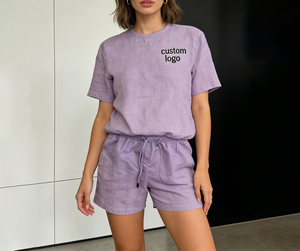 Women's <b>Linen</b> Short Sets Custom Personalized Crew Neck T Shirts and Drawstring Waist Shorts Casual Short Sets - Product Image 6