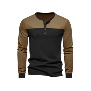 Custom Logo Printing Mens <b>Long</b> Sleeve Henley Shirt Round Neck Two Tone Cotton Knitted Heavyweight Men Casual Shirts Manufacturer - Product Image 1