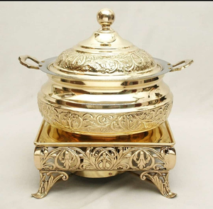 Classic Brass Hand-Hammered <b>Buffet</b> <b>Warmer</b> Featuring a Tiered Dome Lid Shell-Shaped Finial and a solid circular pedestal base - Product Image 4