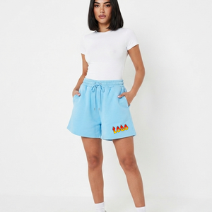 Jupe-short en molleton bleu clair pour femme, taille haute élastique avec poches, coupe décontractée, couleur unie, tricotée, respirante - Product Image 4