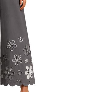 Customized Gray Wide Leg Embroidered Palazzo Pants For Women Floral Cutwork High Waist Cotton Casual <b>Trousers</b> Custom OEM Apparel - Product Image 4