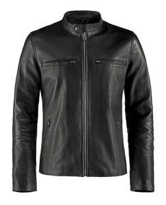 Blouson moto homme noir en cuir PU écologique, col montant, fermeture éclair, coupe ajustée, longueur standard, couleur unie, pour l'hiver - Product Image 4