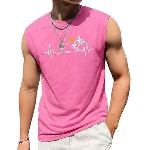 RexFit Sports Trending Men's Gray Sleeveless Tank Top Palm <b>Tree</b> Heartbeat Print O-Neck Casual Breathable Polyester Muscle Shirt - Product Image 3