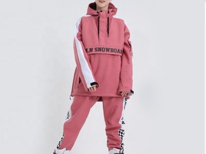 Veste de ski rose à capuche pour femme avec empiècements de manches blancs, fermeture éclair étanche, vêtements de snowboard, taille adulte - Product Image 1