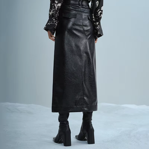 Falda recta vintage bordada de cintura alta con abertura amplia para mujer, de cuero genuino encerado, hasta la rodilla, antiarrugas - Product Image 5