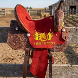 Sillín de caballo occidental personalizado, ligero, de gamuza roja, con acabado rugoso marrón, de cuero genuino, con diseño de tachuelas de cobre, portátil. - Product Image 2