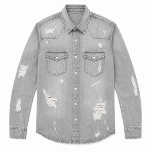 Chemise en jean déchirée et vieillie pour homme, style streetwear, surchemise décontractée en coton lavé, veste de travail vintage personnalisée - Product Image 6