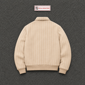 Chaqueta Varsity de Lana con Rayas Beige Personalizada para Hombre, Chaqueta Bomber con Puños Acanalados, Cierre de Botones, Ropa de Calle de Invierno, Venta al Por Mayor, Corte Casual - Product Image 6