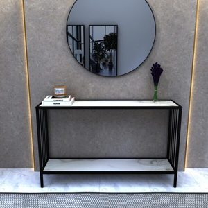 Mesa Consola Moderna Convertible con Acabado de Mármol y Estructura de Metal Negro para Sala de Estar y Uso en Hoteles - Product Image 1