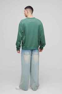 เสื้อสเวตเชิ้ตคอกลมสีเขียวมะกอกทรงโอเวอร์ไซส์สำหรับผู้ชาย ทรงปกติ สวมใส่สบายๆ ในฤดูใบไม้ร่วง ผ้าถักเฟรนช์เทอร์รี่ สีพื้น แขนยาว - Product Image 2