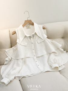 Women's Ivory Cold Shoulder Ruffle Blouse <b>Layered</b> Flounce Long Sleeve Chiffon Shirt Elegant Feminine Casual <b>Top</b> STELA - Product Image 5