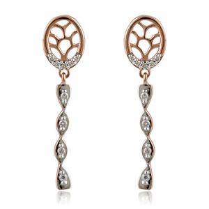 Minimalist <b>Tree</b> of Life Rose Gold Long Earrings with Twisted Diamond Bar Daily Wear Fine Jewelry - Product Image 1