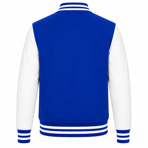 เสื้อแจ็คเก็ตวาร์ซิตี้สีน้ำเงินขาวสำหรับผู้ชาย ทรงปกติ คอตั้ง ติดกระดุมแบบสแนป สไตล์เพรปปี้ สีพื้น แขนเสื้อตัดสี ระบายอากาศได้ดี - Product Image 2