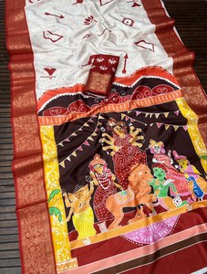 Collection de saris brodés de luxe Durga Utsav |   Tissus traditionnels hérités, élégance moderne, pure soie de litchi, mariage Diwali - Product Image 4