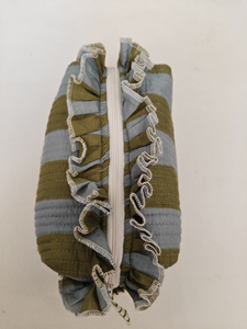 Stripe Green Eco-Friendly Modern Quilted Frill Cotton Handmade Cosmetic Pouch Ruffle for Makeup Lipstick Lotion Organizer - Product Image 2