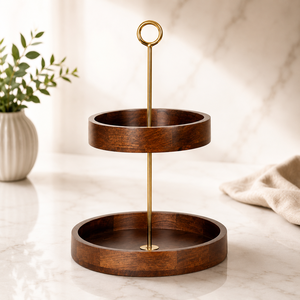 Ensemble de plateaux de service ronds à trois niveaux avec support en bois, design minimaliste, assiettes en pierre noire solide pour les plats de fête - Product Image 2