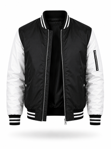 Veste universitaire noire et blanche pour homme, coupe classique, polyester, fermeture éclair, couleur unie, style décontracté, col rabattu, vêtement d'automne - Product Image 3