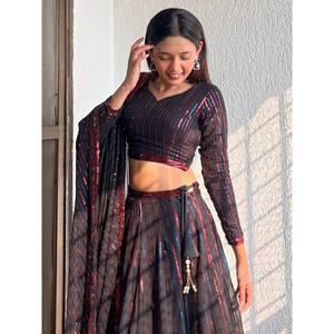 Black <b>Sequin</b> Georgette Party Wear Lehenga Choli for Evening - Product Image 2