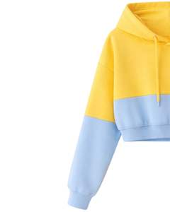 Ensemble décontracté deux pièces pour femme, comprenant un crop top à capuche et un short, bicolore jaune et bleu, en molleton de coton, vêtements de détente, fabricant en gros - Product Image 3